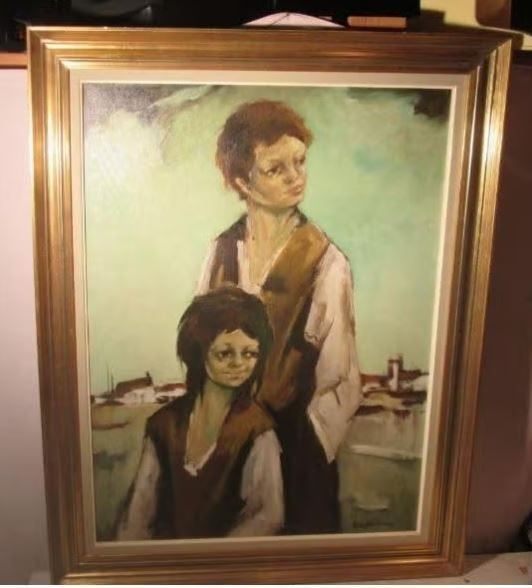 Belle peinture « Garçon et fille » - Remy de Pillecijn, Portrait ou Personnes, Enlèvement ou Envoi, Toile, Signé