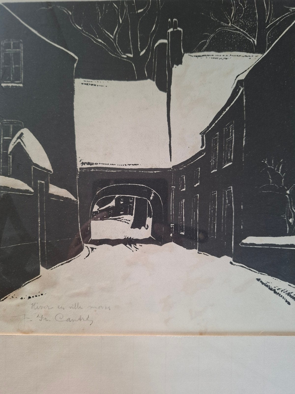 CANTRE Jan-Frans "Hiver en ville morte" houtsnede, Antiek en Kunst, Ophalen of Verzenden, Houtsnede