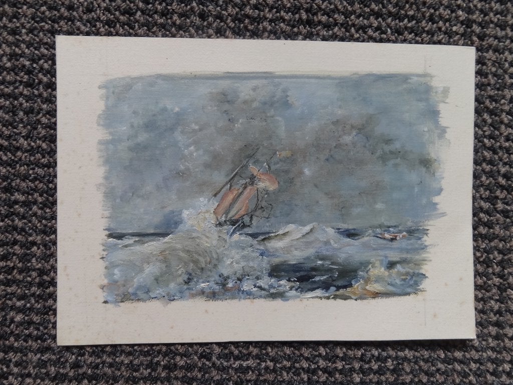 schip in storm; olieverf op schilders papier ca 12 x 16 cm, Verzenden, Papier/karton, Olieverf, Voertuigen
