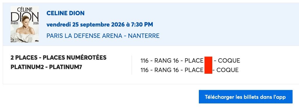 2 tickets Platinum Céline Dion Paris - 25/09/2026, Tickets & Billets, Concerts | Chanson française, Deux personnes, Septembre