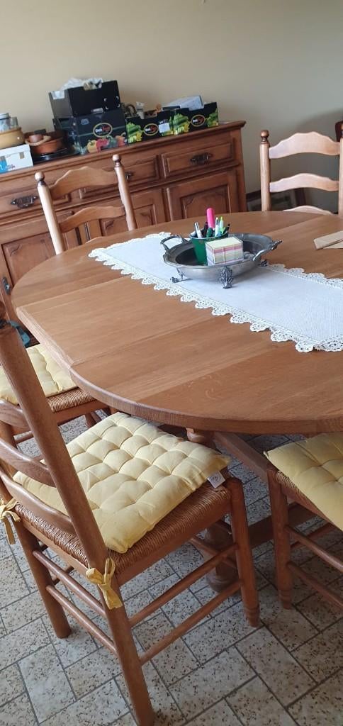 Table ronde avec allonge et 6 chaises en chêne clair, Maison & Meubles, Enlèvement, Utilisé, Cinq personnes ou plus, Chêne