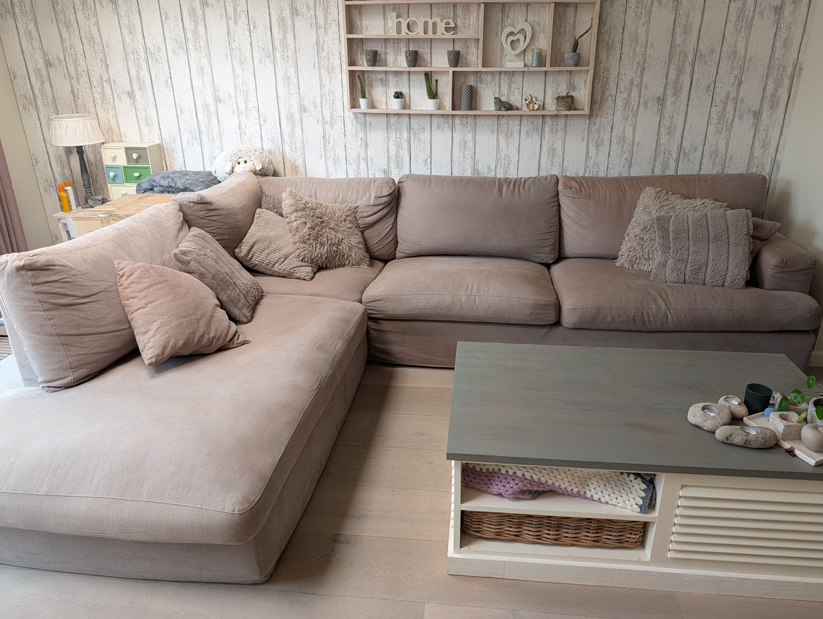 Hoekzetel met longchair kleur taupe, Ophalen, Zo goed als nieuw