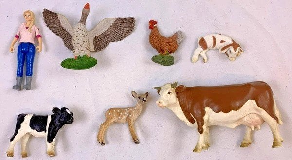 Ensemble de figurines Schleich Farm, vache, veau, oie, coq e, Envoi, Comme neuf, Synthétique, Animal