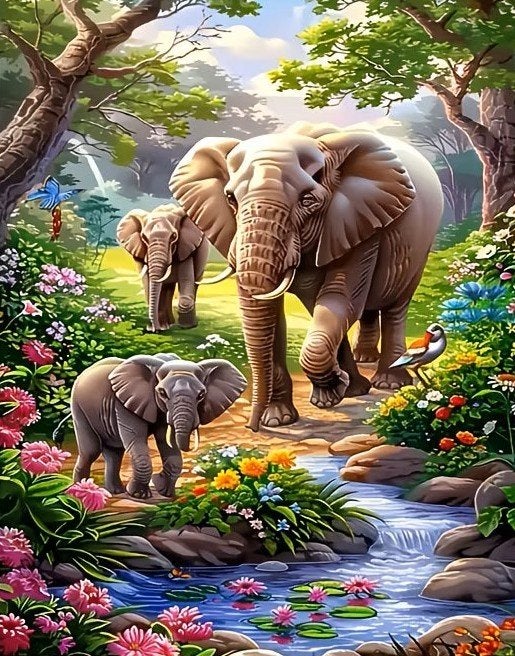 50x40cm Diamond Painting Olifant meerkleurig (rond) nr 80, Hobby en Vrije tijd, Knutselen, Nieuw, Diamond painting, Educatief