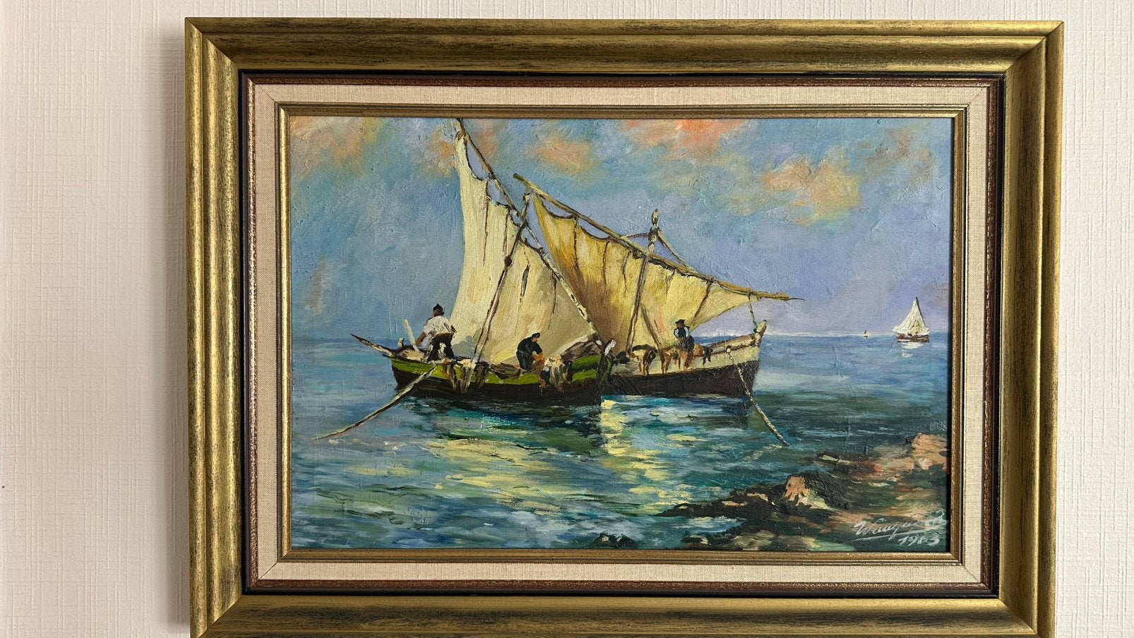 Vintage 1963 Mid-Century Seascape Oil Painting (74x54cm), Peinture à l'huile, Paysage, Signé, Enlèvement