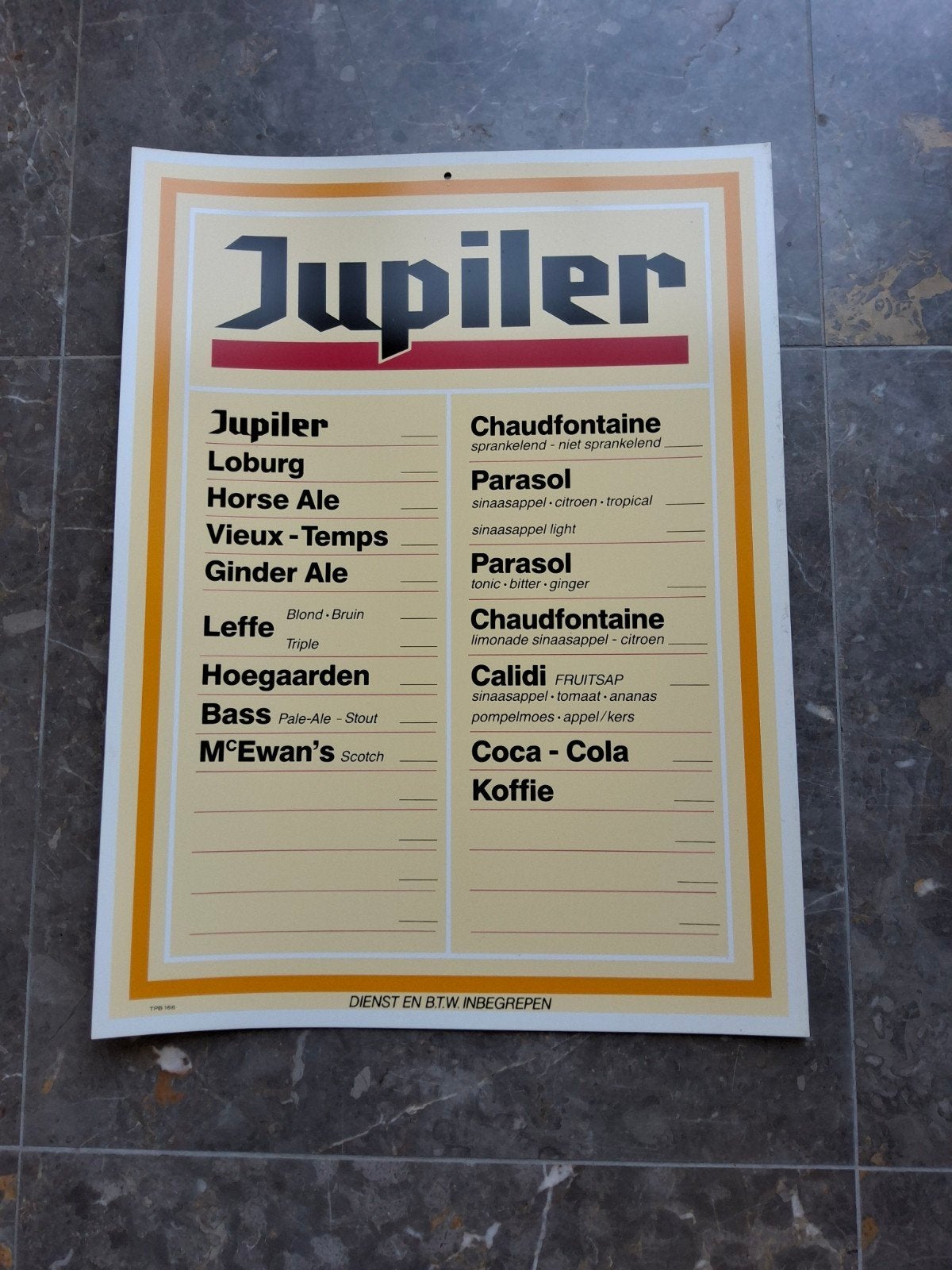 Assiette de prix/liste de prix originale du café Jupiler vin, Enlèvement