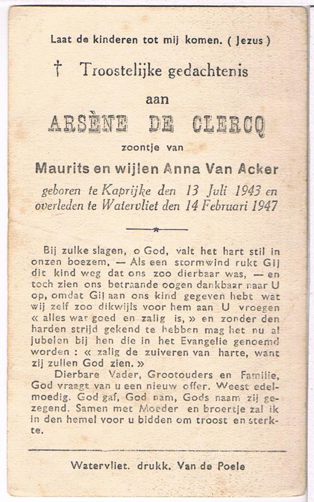 Zoontje. De Clercq Arséne.  Kaprijke 1843 † Watervliet 1947, Ophalen of Verzenden, Bidprentje