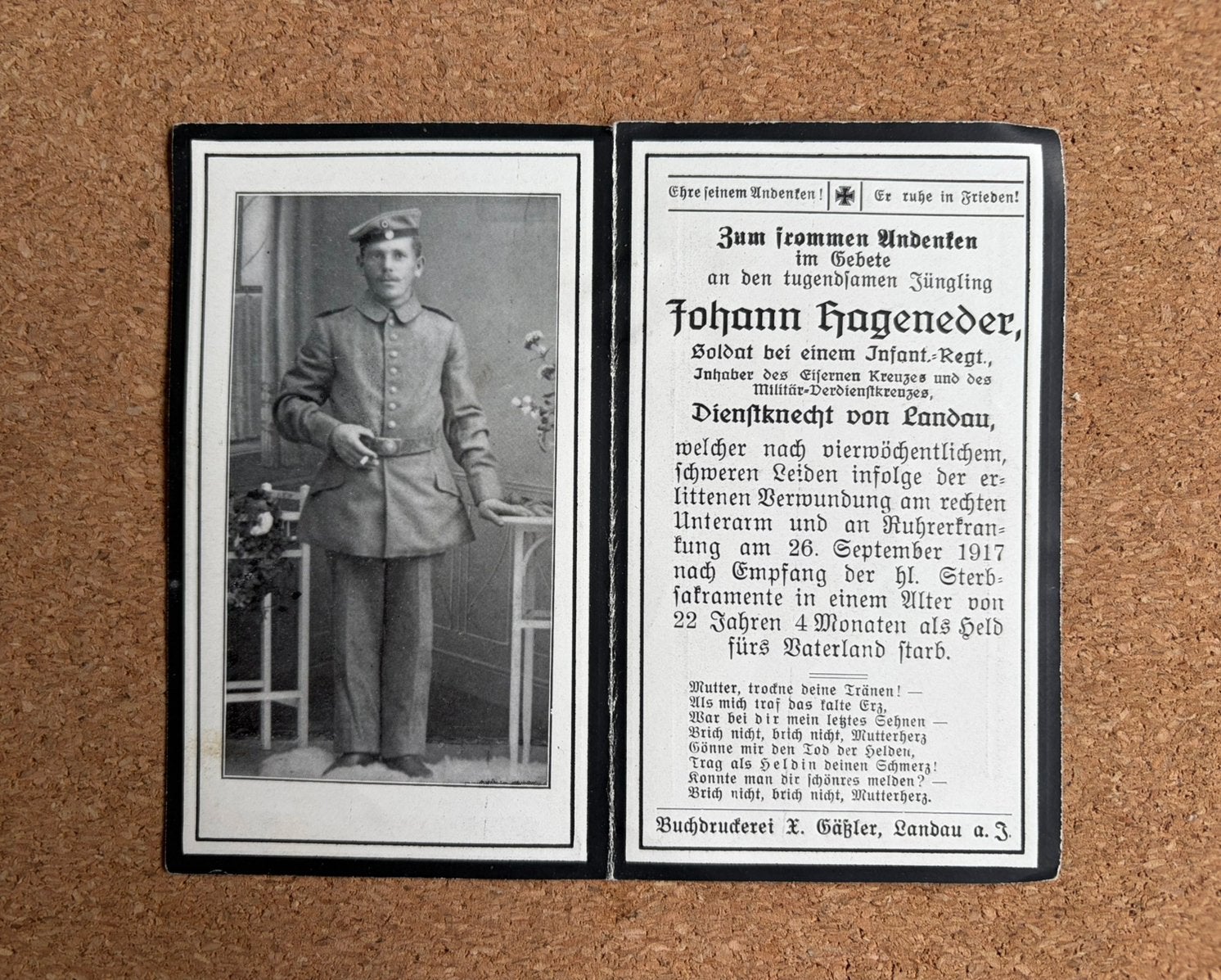 Carte de prière allemande WW1 - Inf. -Loi. EK2 MVK (1917), Enlèvement ou Envoi