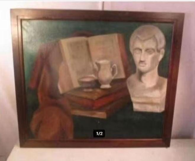 Mooi Oud Geschilderd Stilleven 'Borstbeeld + Boeken' - 78x68, Doek, Origineel werk, Stilleven, Ophalen of Verzenden