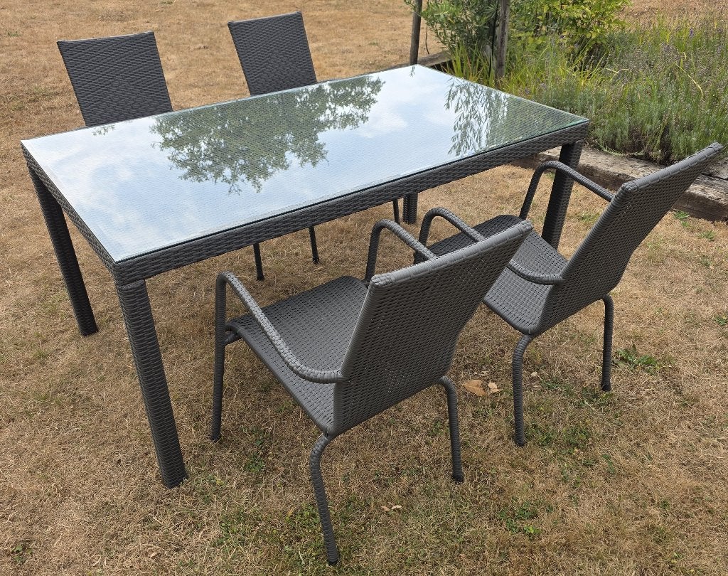 Table de jardin + 4 chaises en osier, Enlèvement, Utilisé, Rectangulaire, Osier