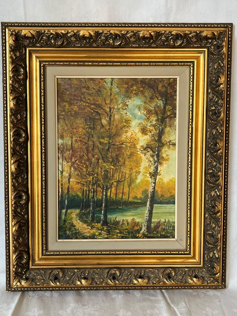 Decoratief herfstlandschap olieverfschilderij gouden lijst, Antiek en Kunst, Kunst | Schilderijen | Klassiek, Ophalen