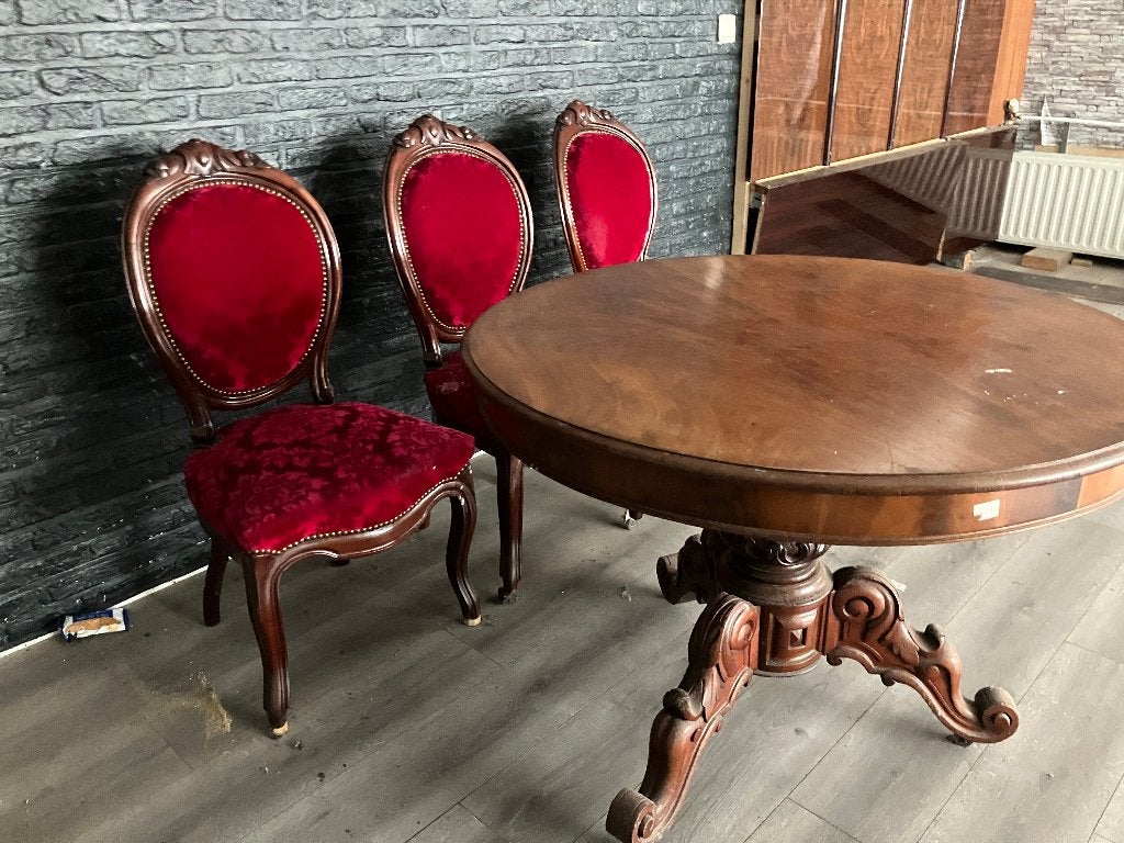 3 chaises en tissu couleur bordeaux., Enlèvement