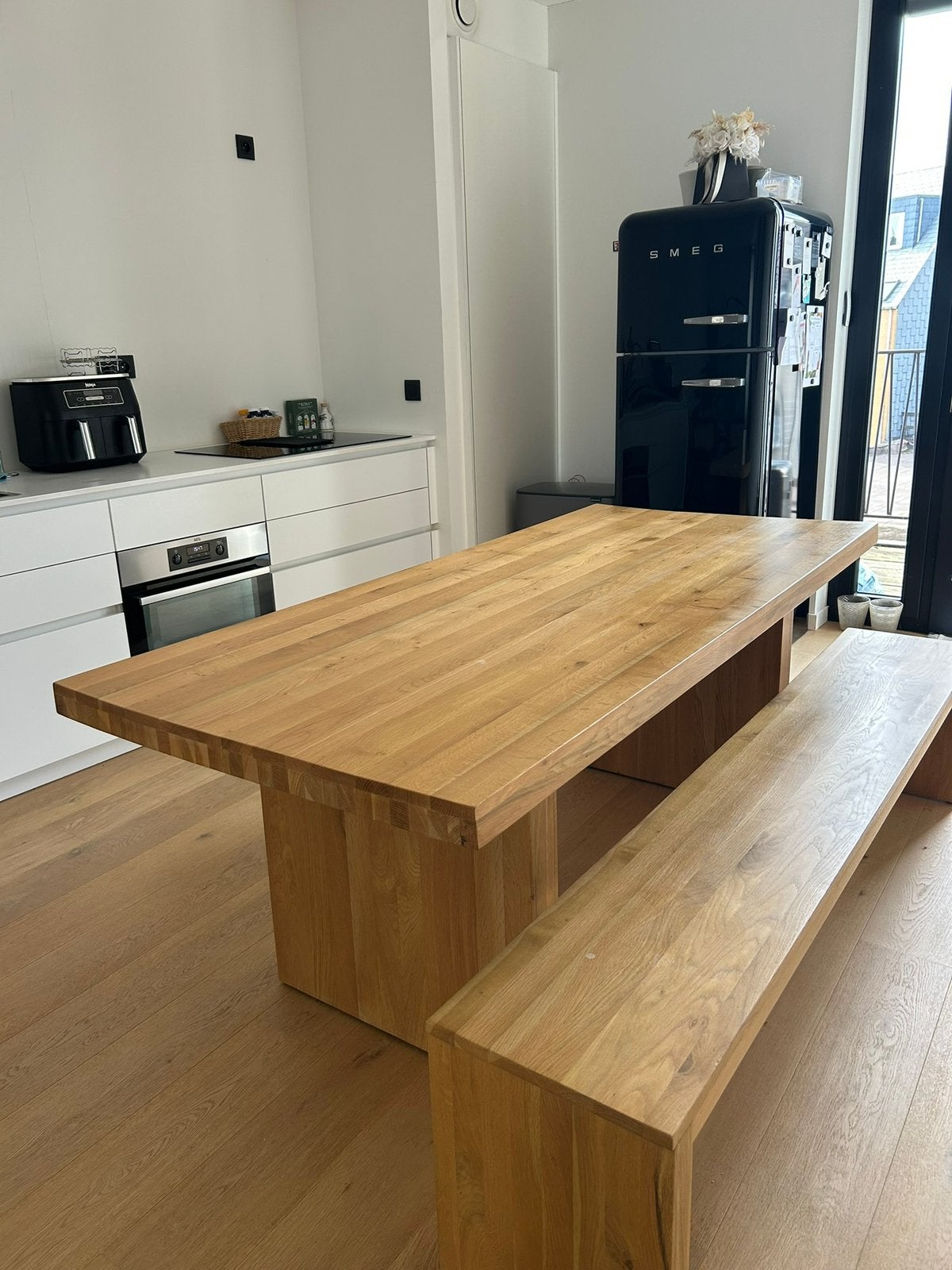 Tafel + bank massief eiken hout, Ophalen, Gebruikt, Eikenhout, 50 tot 100 cm