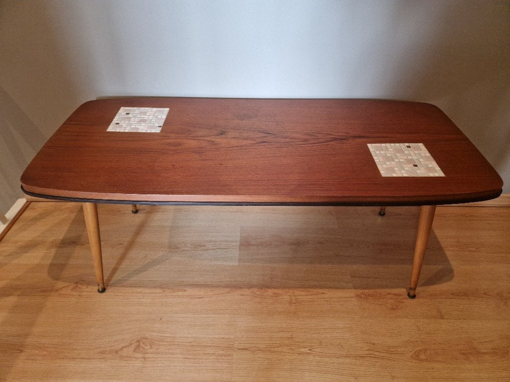 Vintage teakhouten salontafel met mozaiekdetails, Antiek en Kunst, Ophalen