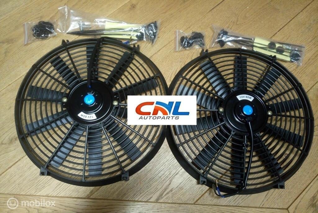 Koelvin 12V 80W 2x14" inch electric universal fan + mounting, Neuf, Enlèvement ou Envoi