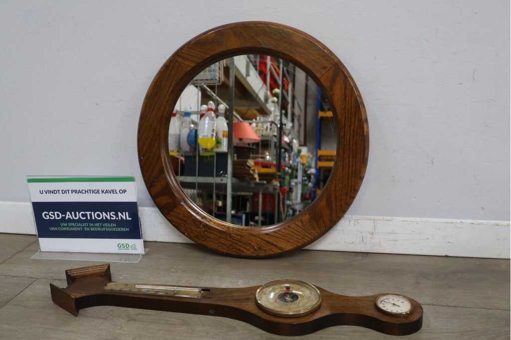 Houten ronde wandspiegel met een barometer, Niet ingevuld, Niet ingevuld, Niet ingevuld