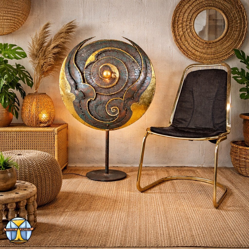 Unieke grote metalen Thaise kunst sculptuur vloerlamp goud, Bohemian  / Aziatisch  / thais / oosters, 100 tot 150 cm, Zo goed als nieuw