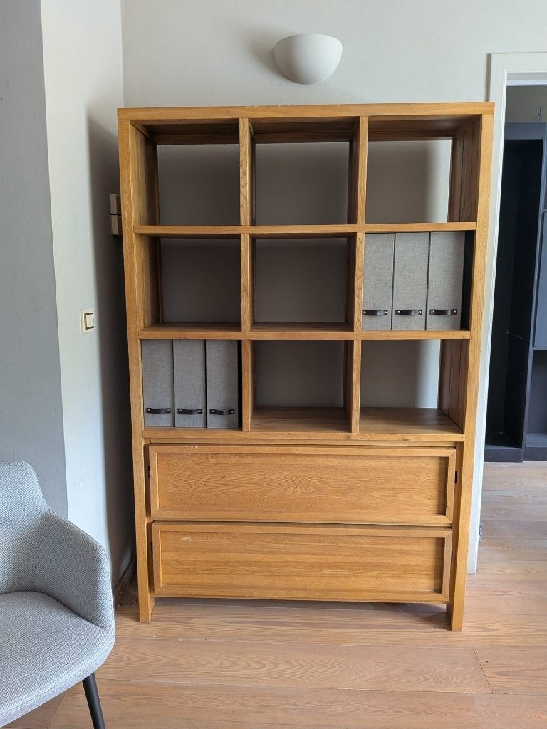Eikenlook vakkenkast / boekenkast met 2 opberglades, Ophalen, Zo goed als nieuw, Met lade(s)