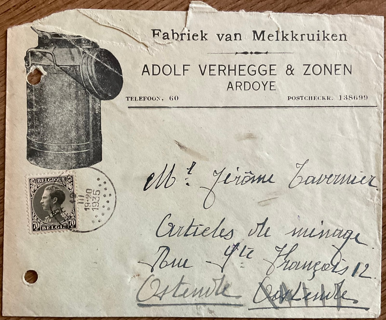 FABRIEK VAN MELKKRUIKEN/A.VERHEGGE & ZONEN/ARDOYE/1935, Ophalen of Verzenden, Gebruikt, Overige typen