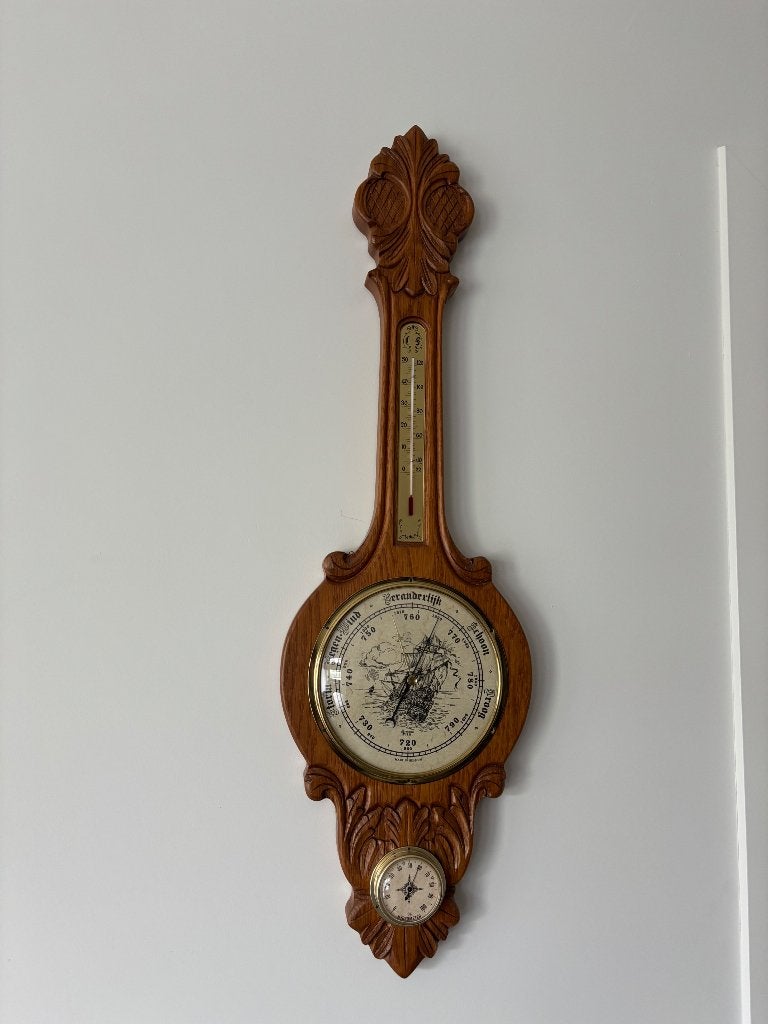 Vintage houten weerstation, Audio, Tv en Foto, Weerstations en Barometers, Ophalen, Zo goed als nieuw, Weerstation