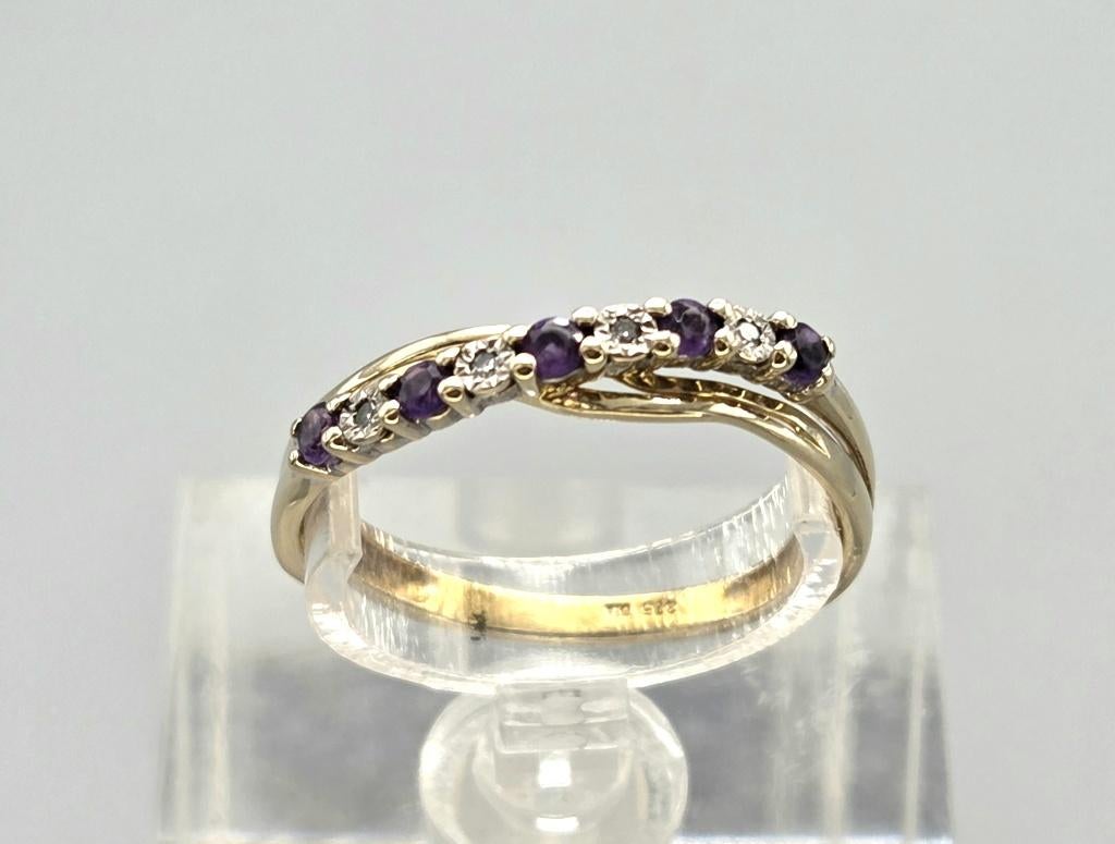 Gouden Vintage design ring amethist en diamant. 2026/170, 18 tot 19, Paars, Ophalen of Verzenden, Zo goed als nieuw