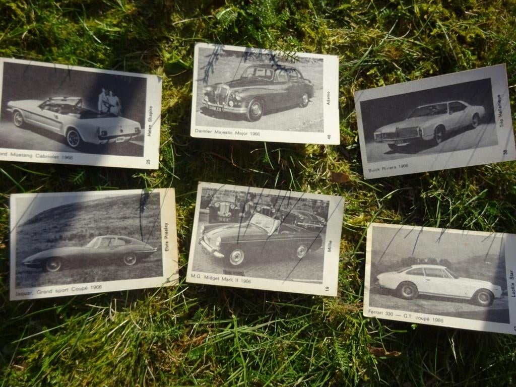 6 prentjes oude auto's 1966 mustang, Ophalen of Verzenden, Auto's