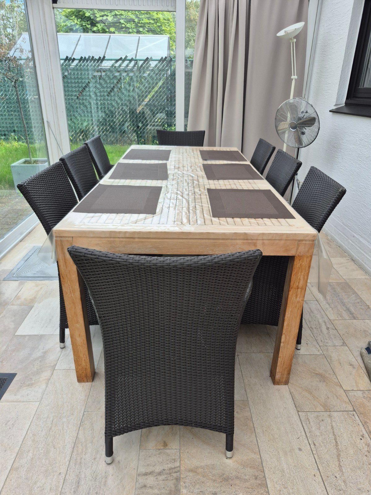Mooie houten tafel + 8 stoelen, Ophalen, Tuinset
