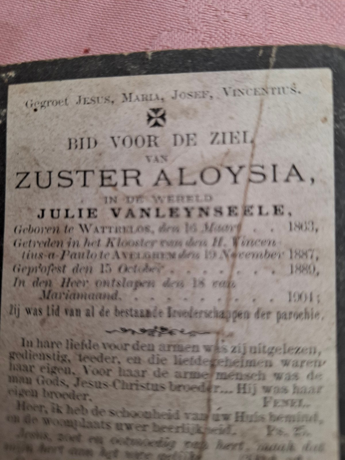 bidprentje zuster aloysia overleden 1904, Verzamelen, Bidprentjes en Rouwkaarten, Ophalen of Verzenden, Bidprentje