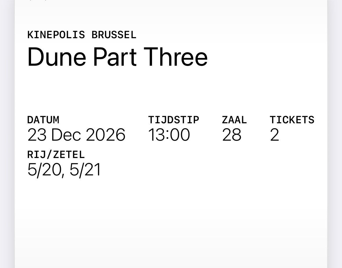 2 tickets Dune part three 70mm Imax, Tickets en Kaartjes, Twee personen, Bestemd voor IMAX