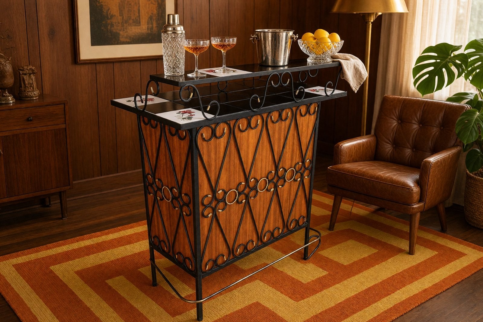 Meuble de bar vintage en bois/comptoir avec céramique, Maison & Meubles, Enlèvement ou Envoi, Utilisé