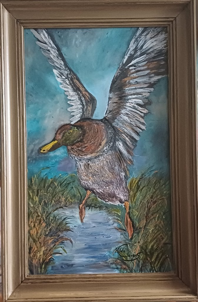 Schilderij eend, olieverf, ingelijst., Ophalen, Gesigneerd, Olieverf