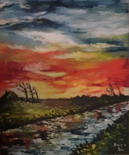 Kunsthandel Gennep - "Landschap Zonsondergang", Antiek en Kunst, Ophalen of Verzenden, Handgeschilderd, Olieverf, Landschap