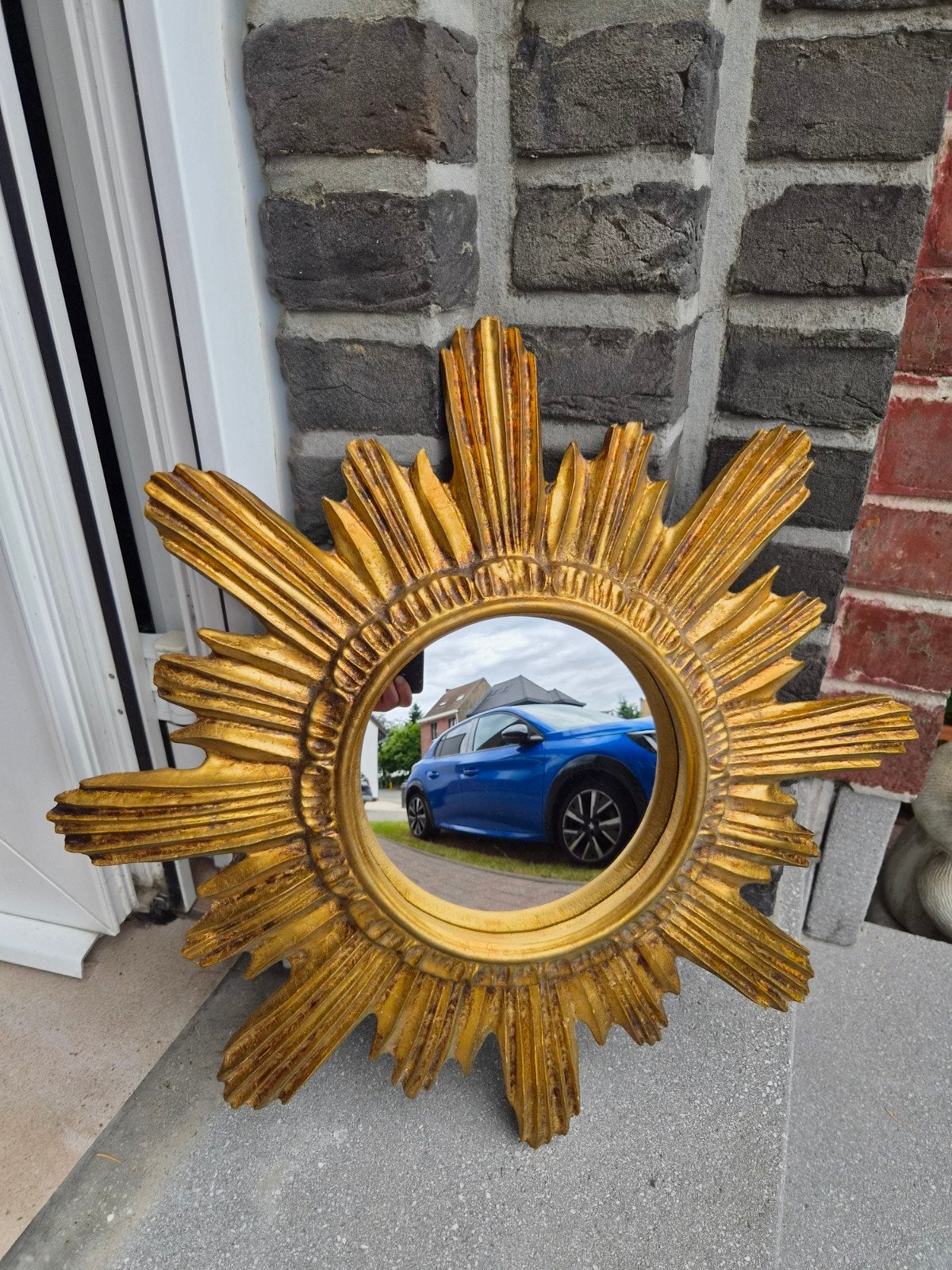Miroir solaire florentin en bois de 43 cm, verre convexe., Enlèvement ou Envoi, Moins de 100 cm, Rond, Utilisé