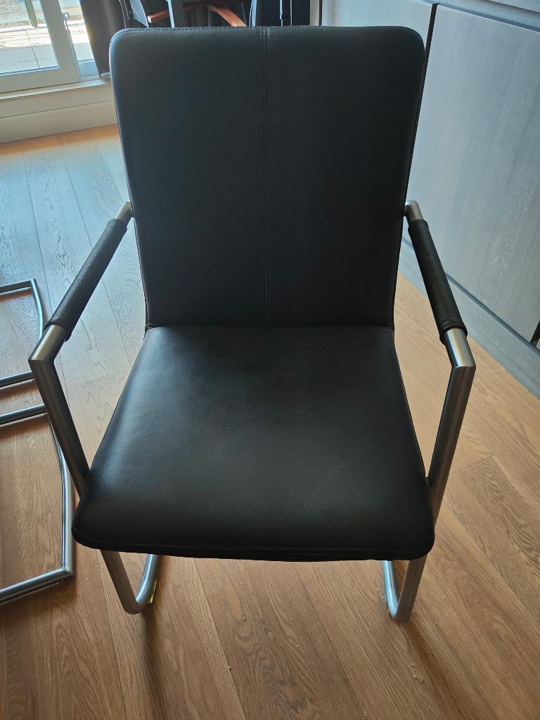 6 lederen RVS eetkamer stoelen met armleuning, Huis en Inrichting, Ophalen, Zwart, Zo goed als nieuw, Modern