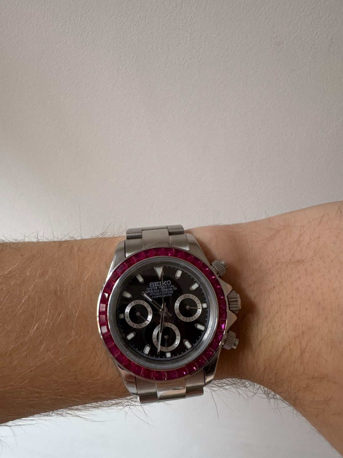 Seiko mod Daytona Ruby 39 mm, Ophalen of Verzenden, Zo goed als nieuw