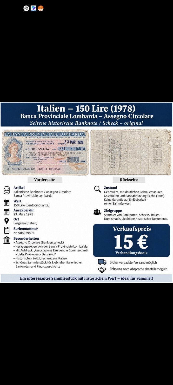 billet de banque, Enlèvement ou Envoi