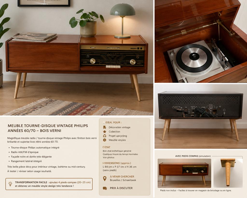 Meuble tourne-disque vintage Philips années 60/70 – bois ver, Enlèvement ou Envoi