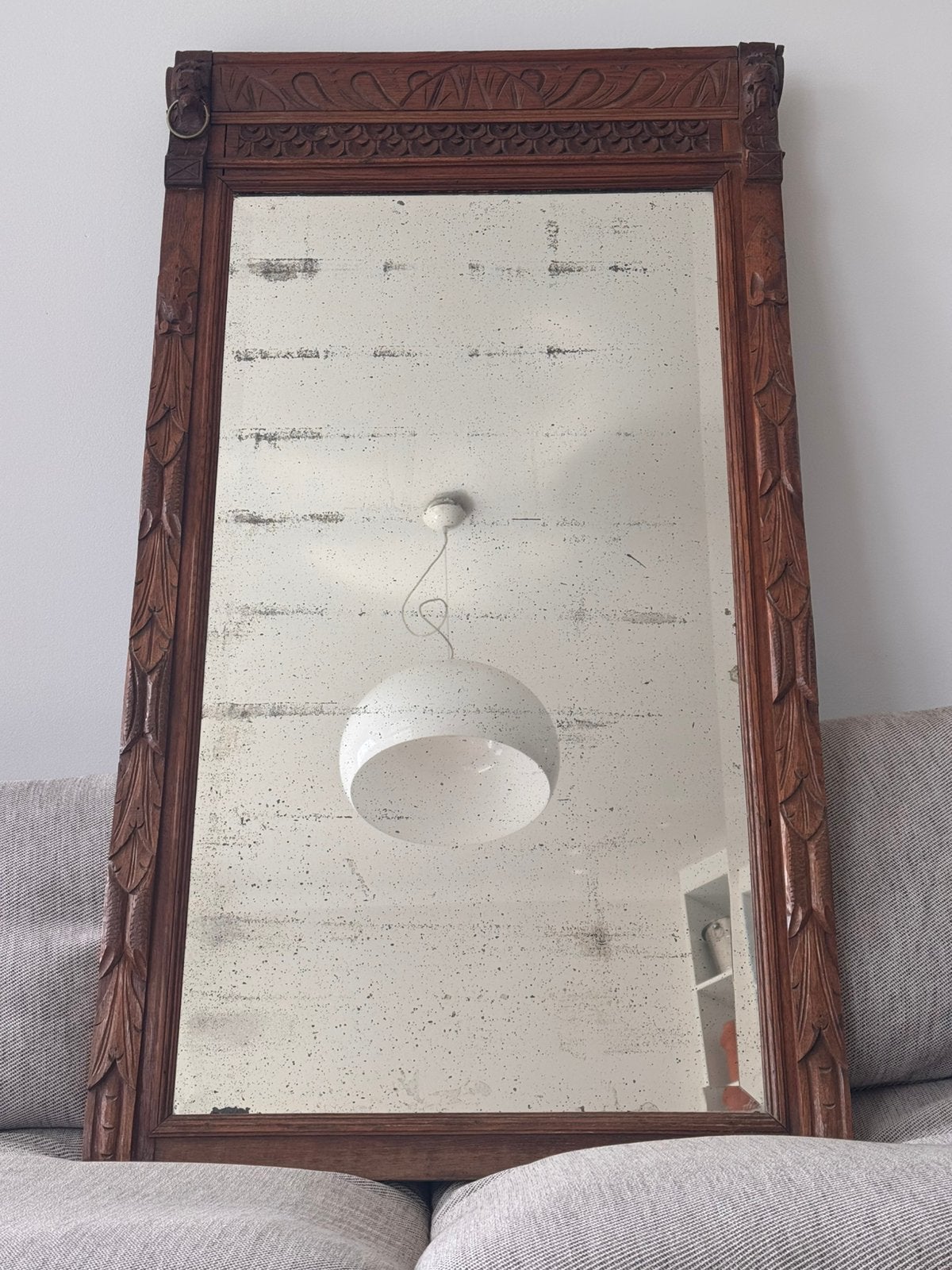 Miroir ancien belge — Chêne sculpté XIXe siècle, Antiquités & Art, Enlèvement, Rectangulaire, 50 à 100 cm, 100 à 150 cm