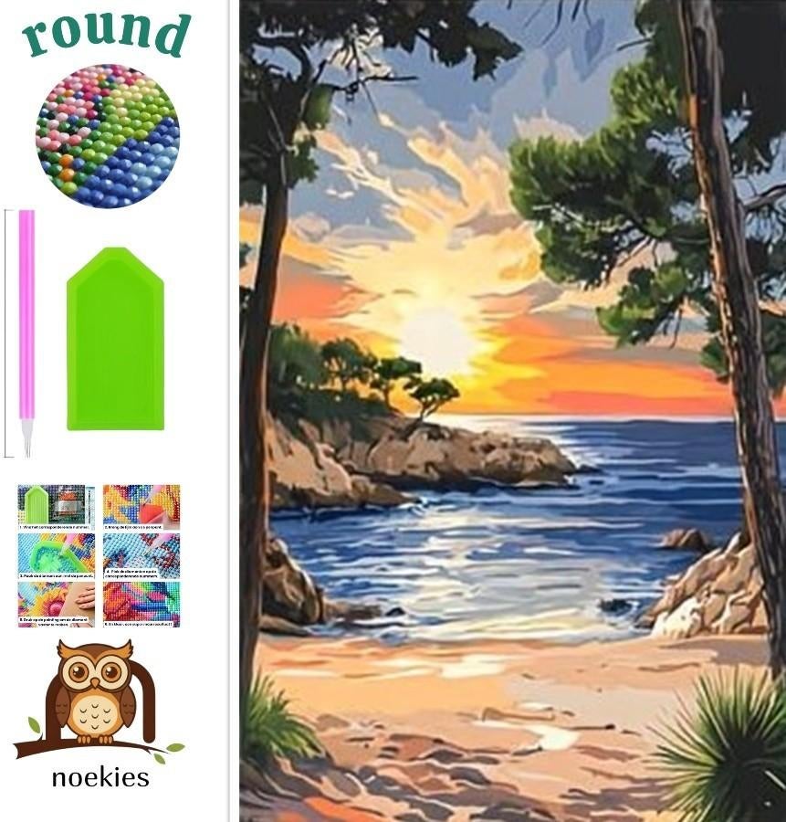 nr 661 Diamond Painting strand zonsondergang 40x30cm (rond), Zee en Strand, Verzenden, Nieuw, Meerkleurig