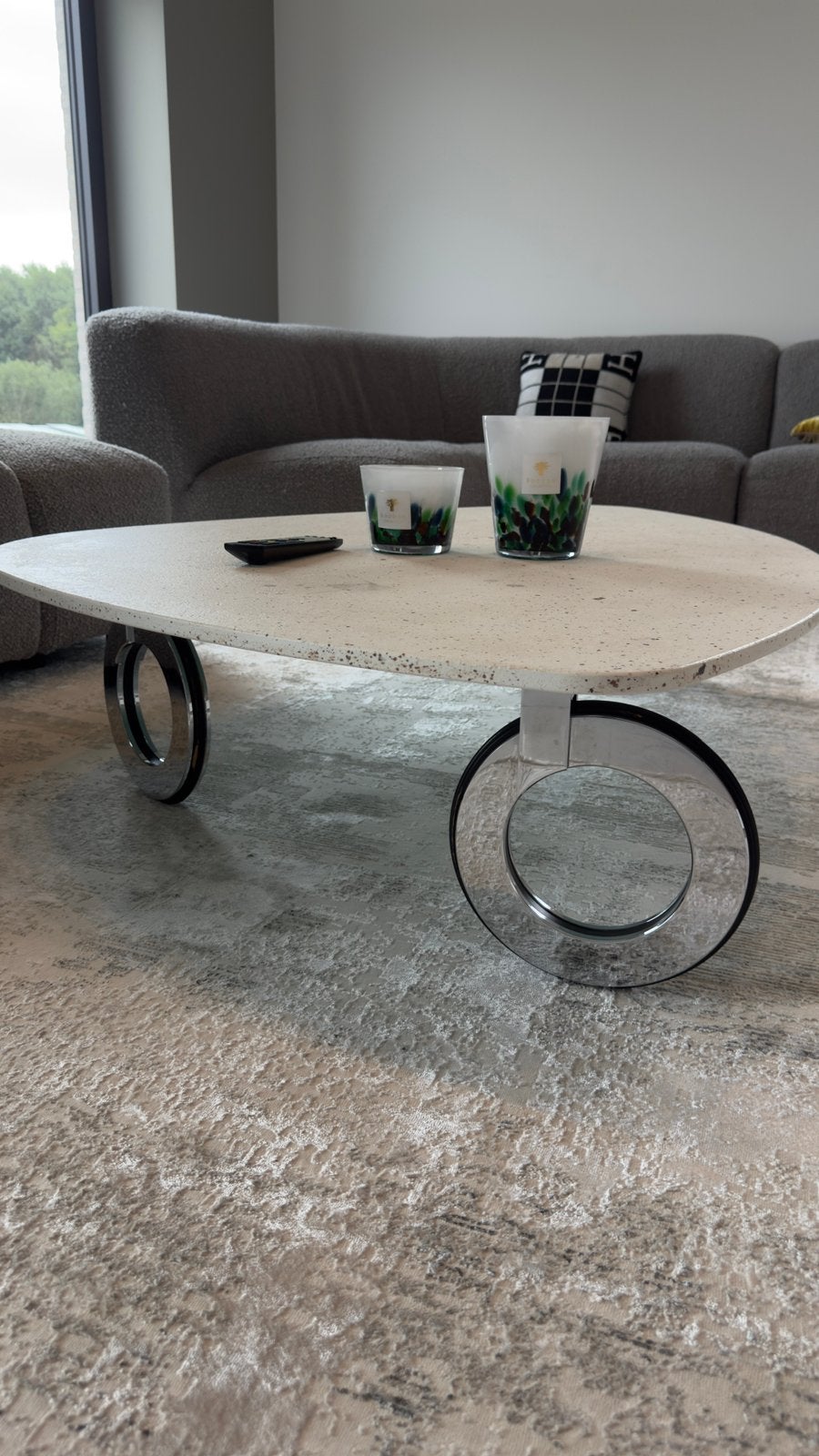 salontafel glazen blad met ringpoten, organische vorm, Ophalen, Gebruikt