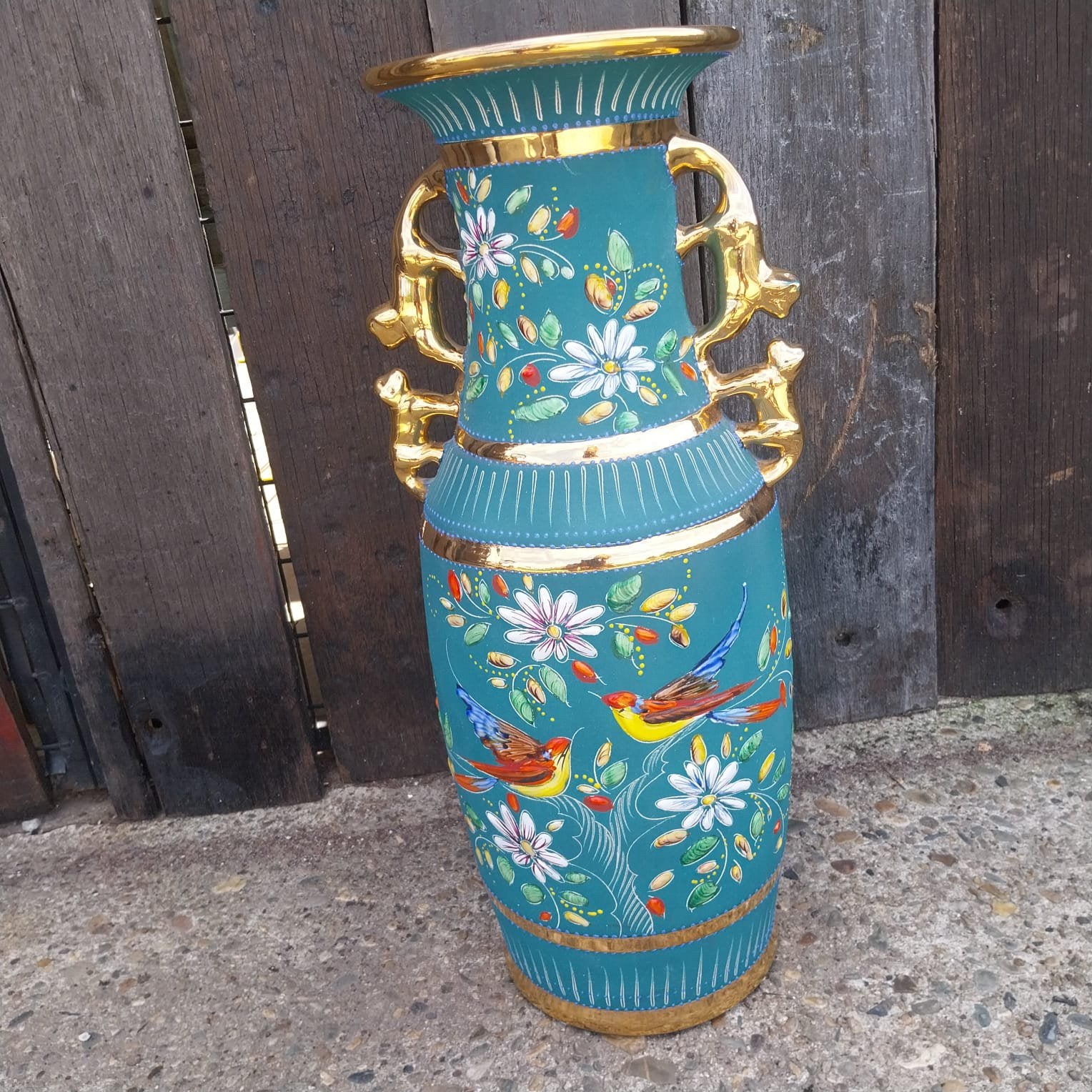 Grote handbeschilderde vloervaas met vogels – turquoise,goud, Antiek en Kunst, Ophalen
