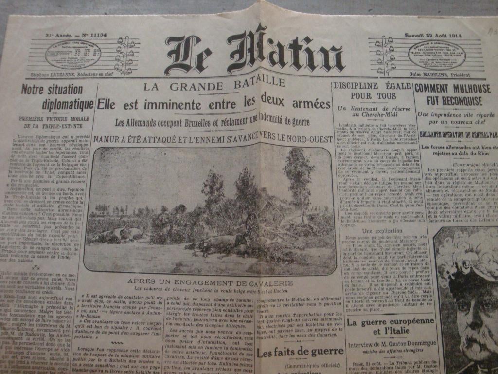 LE MATIN-SAMEDI 22 AOÛT 1914, Enlèvement ou Envoi, Utilisé