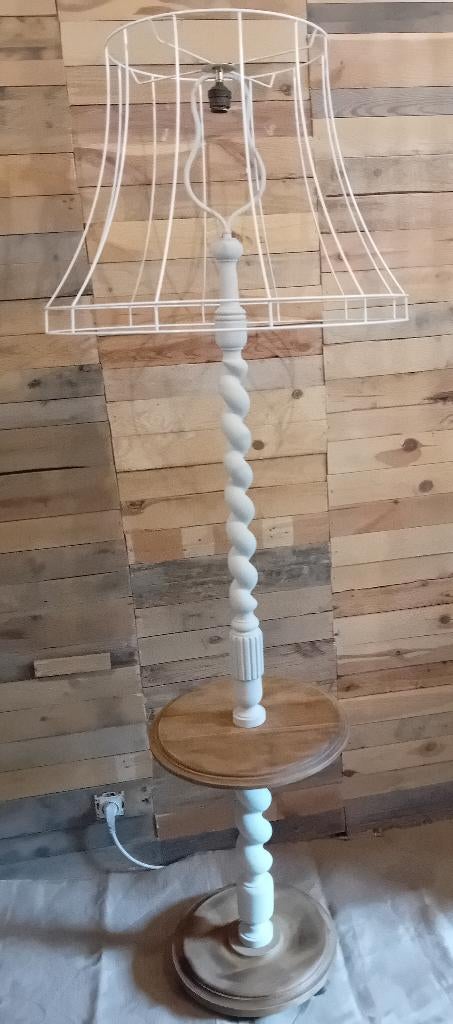 Lampadaire ancien en bois naturel et blanc, Ophalen, Gebruikt, Hout, 150 tot 200 cm