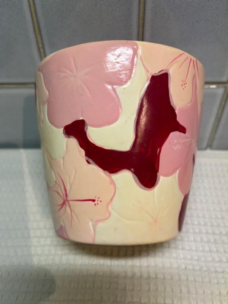 Cachepot met bordeauxroze witte bloemen, Tuin en Terras, Bloempotten, Ophalen, Rond, Zo goed als nieuw, Balkon