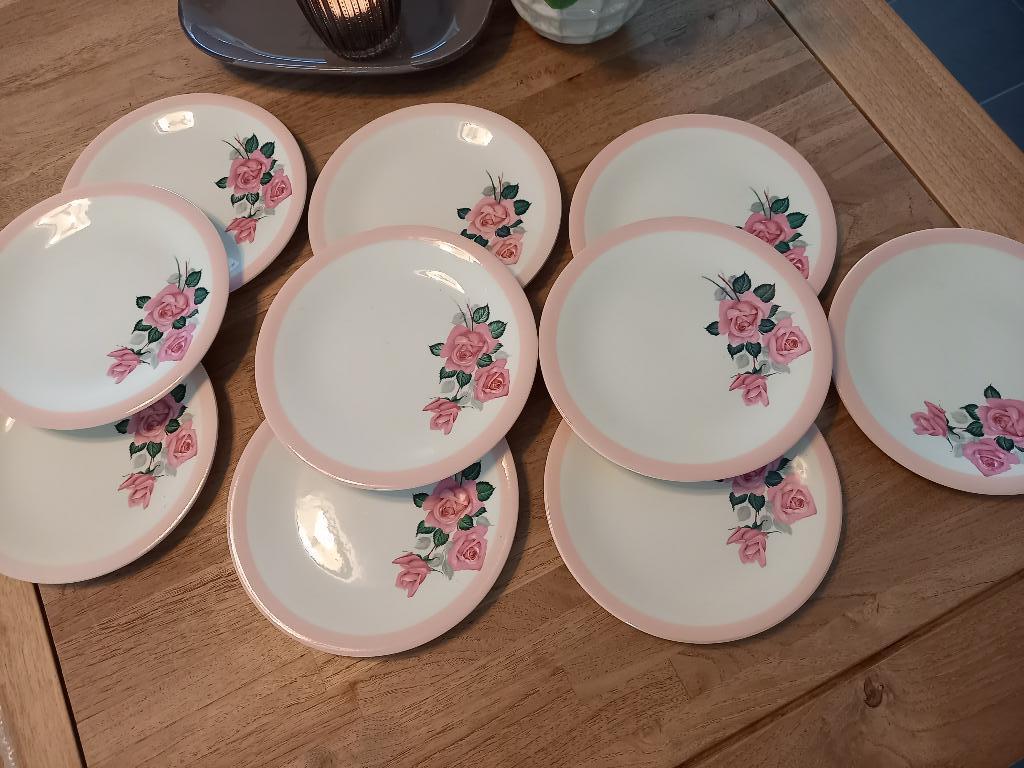 Boch 10 dessertbordjes pastel roosjes, Ophalen of Verzenden