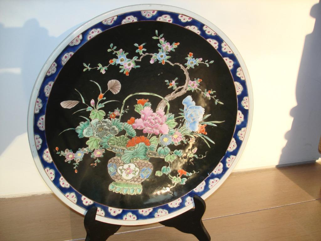 antiek Japan handpainted charger signed Yamaya flower basket, Enlèvement ou Envoi