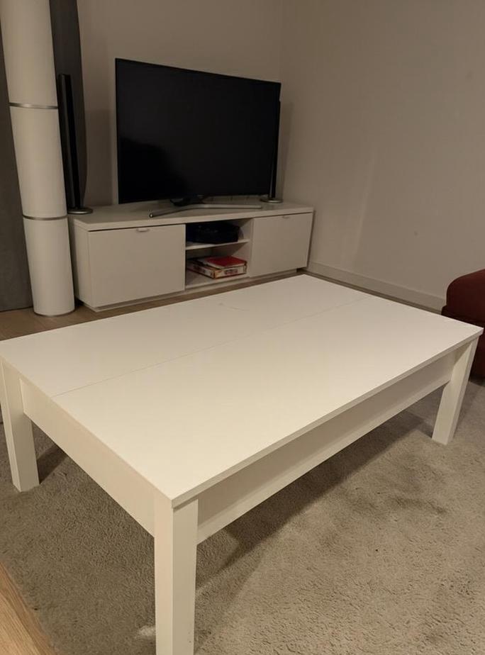 Table basse IKEA TRULSTORP – Blanc – Avec plateau relevable!, 100 à 150 cm, Comme neuf, Enlèvement, 50 à 100 cm