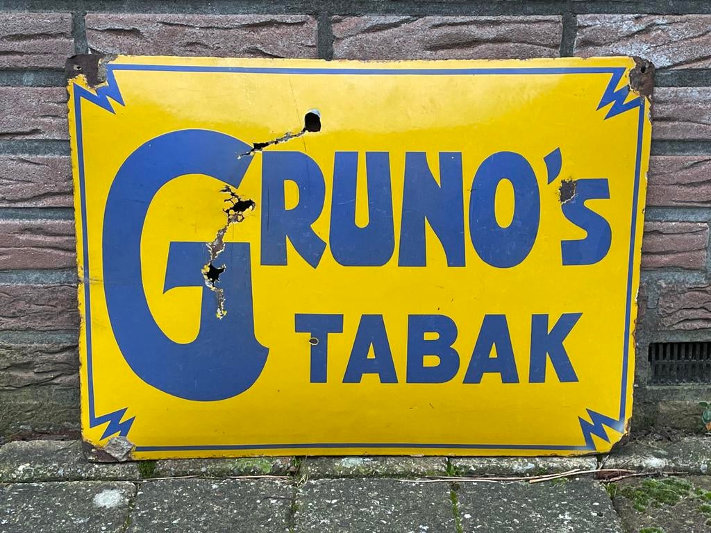 Emaille Reclamebord Gruno’s Tabak, Verzamelen, Verzenden, Gebruikt, Reclamebord