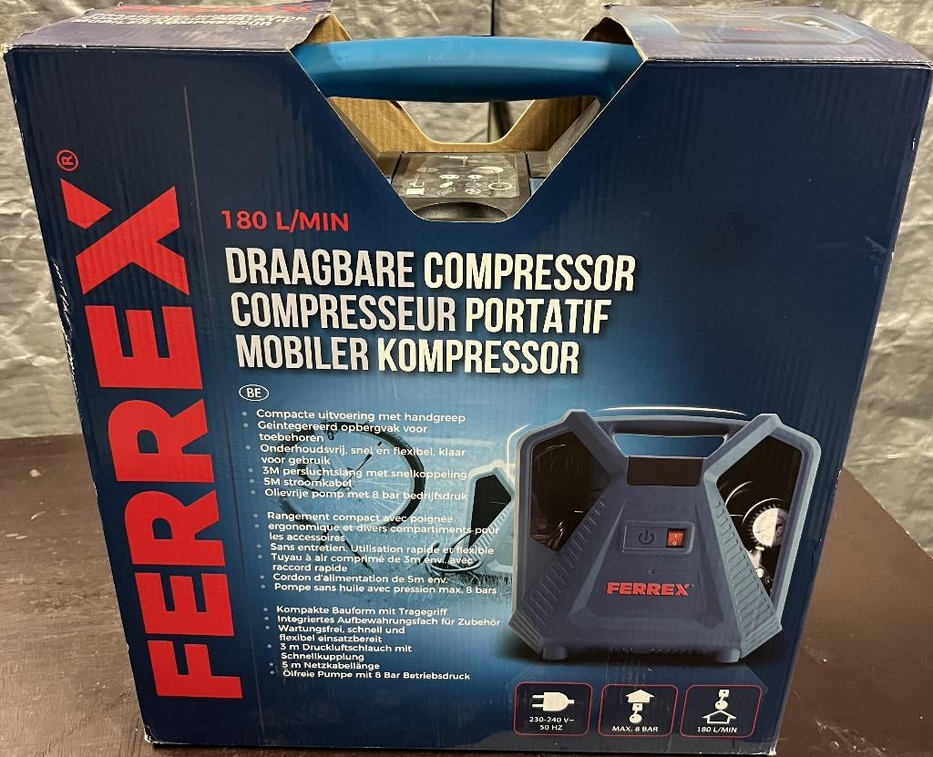 Ferrex - draagbare compressor - nieuwstaat, Ophalen, Zo goed als nieuw, Minder dan 200 liter/min, Olievrij