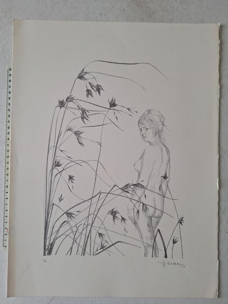 Originele litho van Vincent Thomas Naakte vrouw in het riet, Antiquités & Art, Art | Lithographies & Sérigraphies, Numéroté, Enlèvement ou Envoi